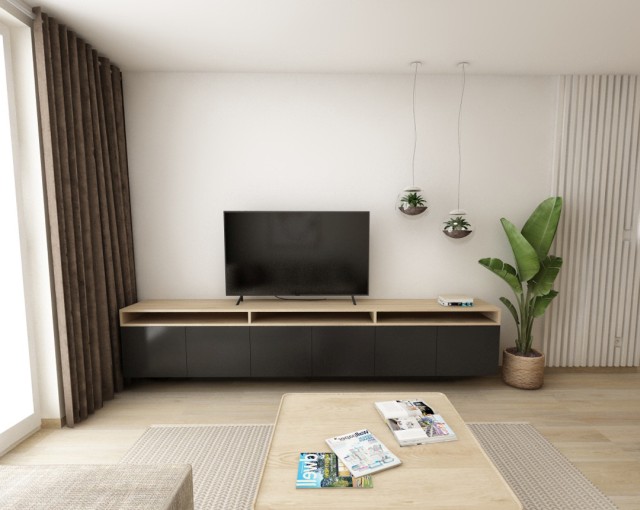 Obývačka v novostavbe, návrh od architekta, komoda pod tv a závesná tv